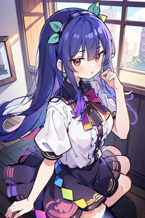 (Best Quality: 1.3), (Masterpiece: 1.3), (Illustration: 1.3), (Ultra Detailed: 1.3), (Imide Lens: 0.9), 1girl, Medium Breasts, Purple Eyes, ((Dark Blue Hair) ), hair accessories, young, clothing-gladiia, long hair, dark blue hair, indoors, black shorts, hi...