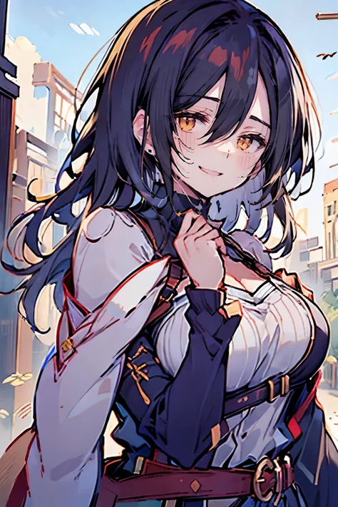 hui xiyi, rekkyo sensen, rekkyou sensen, girls with((black hair, tits cleavage, waving is hands, breasts close up, suspenders, dress, blue clothes, belt, frills shirt, blue knit sweater, camisole, exposed breasts, straps, ribbon, fur clothes, upper body, l...