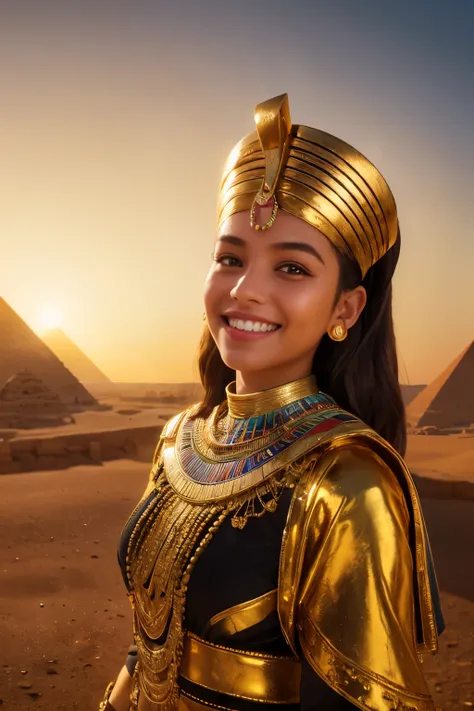 a young girl visiting the egyptian pyramids, smiling, adventurous style, energetic, highly detailed, photorealistic, 8k, hyperrealistic, extremely detailed, cinematic lighting, warm color tones, dramatic shadows, ornate jewelry, intricate clothing details,...