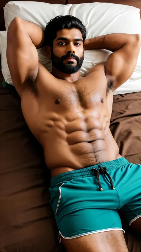 Bearded South Indian man lying on bed and weaing a shorts. He does not have muscle body. He must have belly fat. 