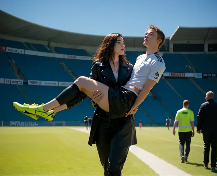 injury, first aid, injured player, fainting, fainted man, unconscuous man, passed out, Andrea carries the wounded mans body in her hands, Andrea grabs his legs and his body with her hands, the bearded man in Andreas arms is visibly in pain, stadium atmosph...