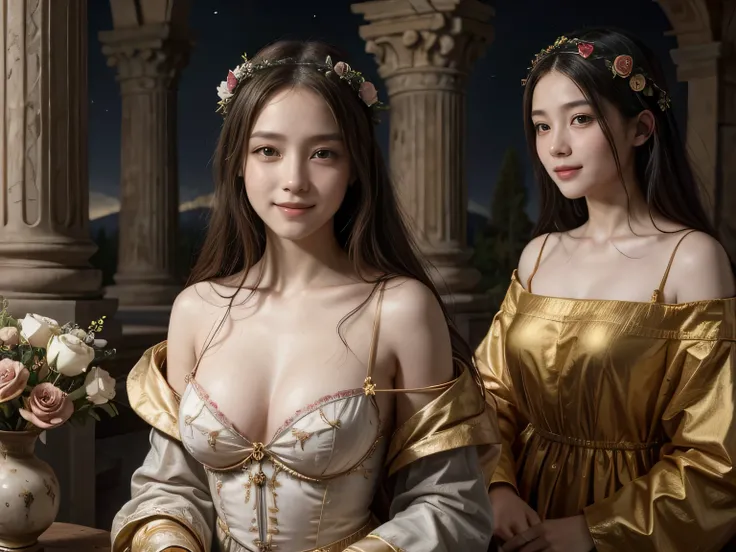 Giorgione painting style,Arguments of two female Philosophe,math、astronomical machine、astronaut、roses in vase、fruits、Cute trinkets、smile、ancient greek costume、Background is a forest lake at night 、Clothes that stretch your shoulders、A big smile、beautiful b...