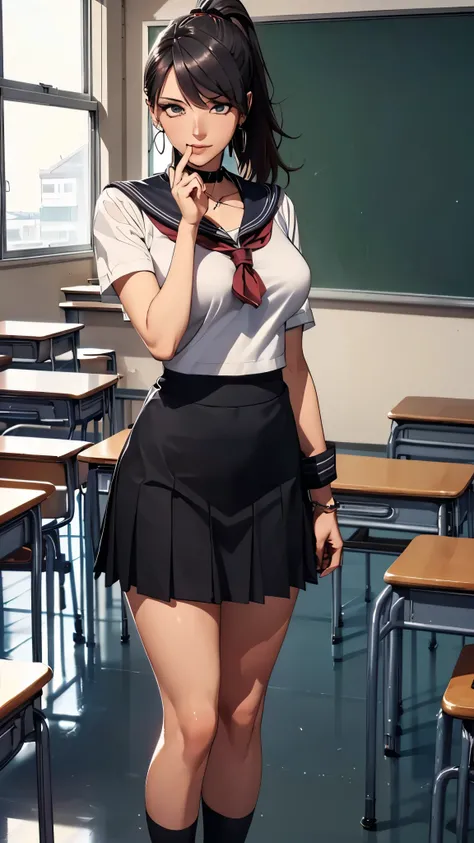 (((highest quality, High resolution, , Pixel Perfect, 4K))),((Correct Anatomy))、((Sailor suit))、(((School classroom))), ((highest quality)), ((Complex and detailed)), ((Black knee-high socks)), ((Mini Pleated Skirt))、An absurd solution, Mature Woman, Matur...