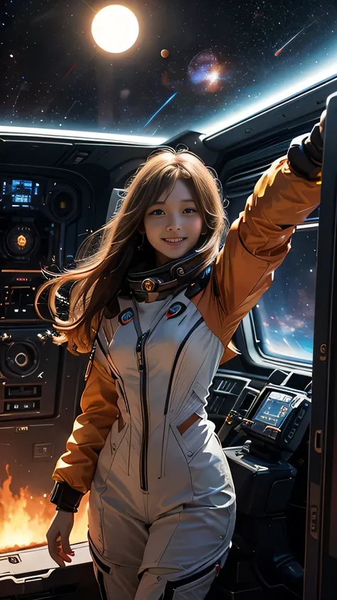 xxmixgirl,One girl, Fisheye Lens, Selfie, Wind, Messy Hair, sunset,smile,Film Girl, Generates a vivid and captivating scene featuring a girl with flowing hair, Orange space suitを着て喜びを放つ. Imagine her in a spaceship of the future., capturing a moment of pure...