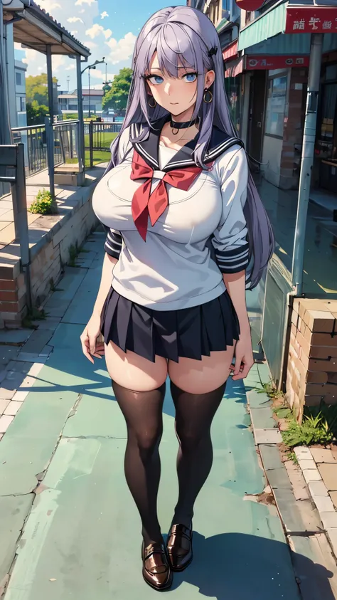 (((highest quality, High resolution, , Pixel Perfect, 4K))),((Correct Anatomy))、((Sailor suit))、((school uniform))), ((highest quality)), ((Complex and detailed)), ((Black knee-high socks)), ((Mini Pleated Skirt))、An absurd solution, Mature Woman, Mature W...