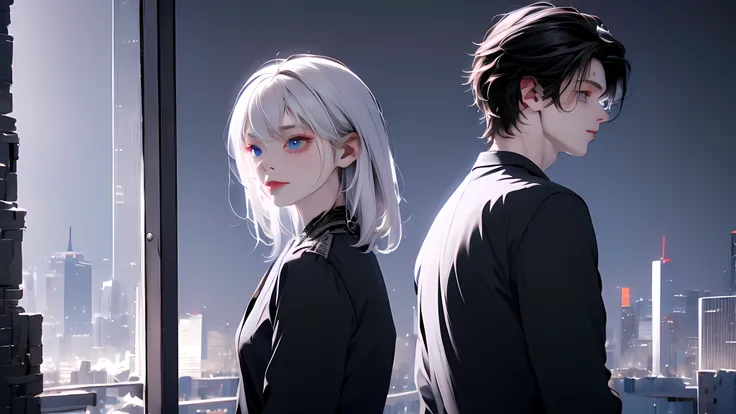 1 Boy&Girl , Boy medium light black hair, Girl medium light white hair, light blue eyes, wearing black suit, night city, 18+ , high res, ultrasharp, 8K, masterpiece, looking from behind