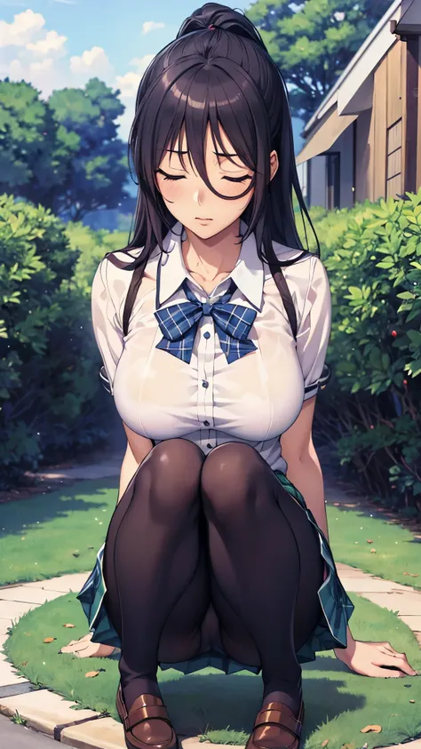 A high school girl wearing a white blouse and a green plaid skirt, Long, untied black hair, Close your eyes, Long eyelashes, Good style、Her breasts are also quite large, White pants visible from under the skirt, Naughty anime style, Beautiful anime school ...