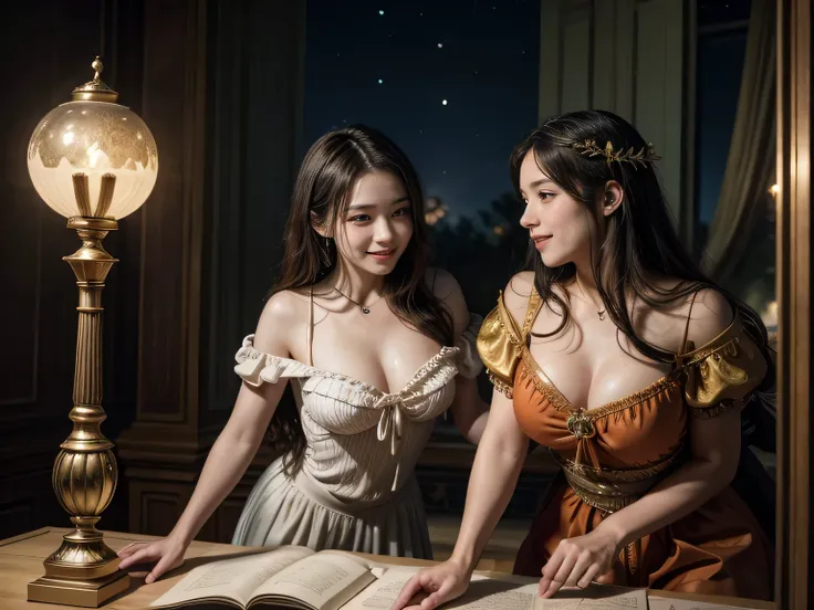 Giorgione painting style,Arguments of two female Philosophe,math、astronomical machine、astronaut、roses in vase、fruits、Cute trinkets、smile、ancient greek costume、Background is a forest lake at night 、Clothes that stretch your shoulders、A big smile、beautiful b...