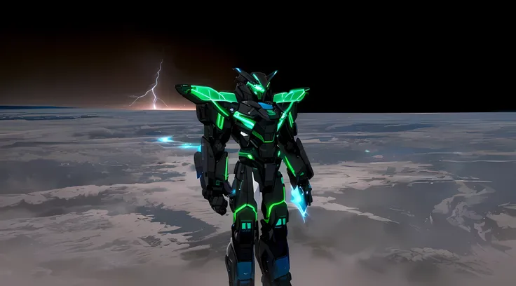 a black colored male transformer with green inserts, symmetrically arranged green parts, on the frontof the body not transparent cabin, on the back - aircrafts wings, arms from elbows to hands look like the front part of a aircraft, wheels are visible on t...