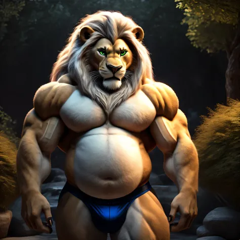 lion, long blond mane, very detailed green eyes, muscular arm, muscular pectorals, fat and round belly, in jockstrap, looks at the viewer, in a zen garden, cinematic, 8k, detailed