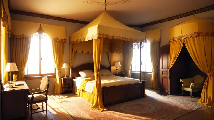 （（Bedroom interior wide angle，Different world scene，Tent，Yellow curtains）），Retro，middle Ages，luxury，Princess bedroom