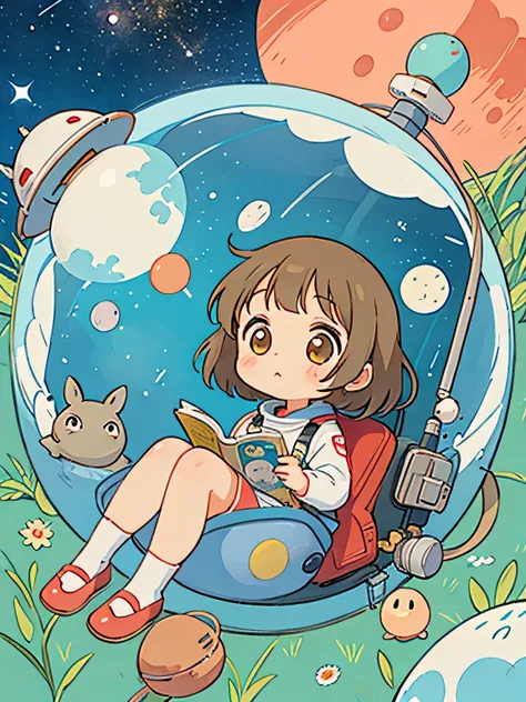 Hayao Mayazaki style, Kawaii Design, The most beautiful girl of all time、Chibi,  totoro, Space Travel, Mars, Spaceship