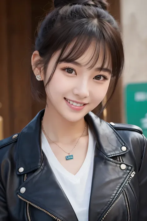 Beautiful Young Woman of the Year、 Korean women、Black Hair、Hairstyle: Bun、Necklace around the neck、leather jacket、shirt、smile, Beautiful teeth alignment、Intricate details, Very detailed:1.2), 、 Looking into the camera,The background is the town、ear piercin...