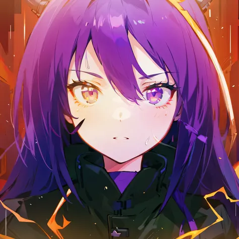 1 woman, black jacket, long purple hair, burning eyes, anime, realistic, 4k