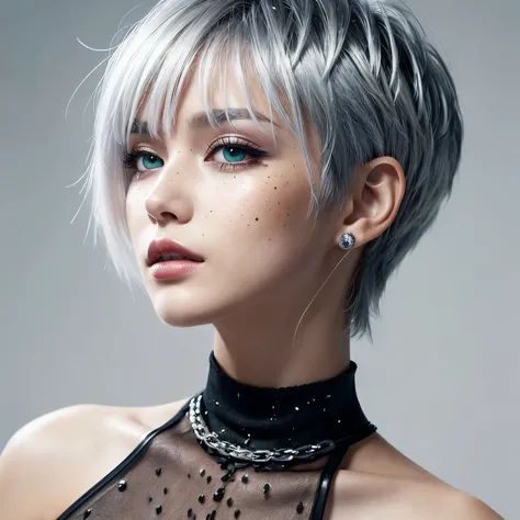 a young woman with vibrant silver hair, styled in a slightly messy, pixie cut with the top slightly longer and the sides and back 刈り上げ, Impressive eyeliner, The person’s expression should be calm and neutral, Her eyes are a striking green, and she has ligh...