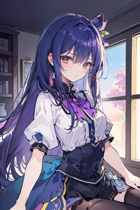 (best quality:1.3), (masterpiece:1.3), (illustration:1.3), (ultra-detailed:1.3), (imid shot:0.9), 1girl, medium breasts, purple eyes, (((dark blue hair))), hair ornaments, young, outfit-gladiia, long hair, dark blue hair, indoors, black shorts, thigh-highs...