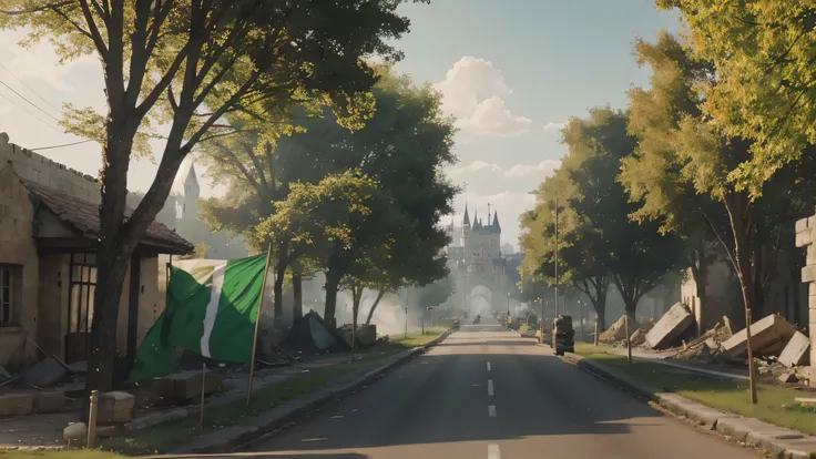 score_9, score_8_up, score_7_up, score_6_up, score_5_up, absurdres, highres, high detail, 8k, 4k,
background earth kingdom, (city), (Earth kingdom) green banners, green flags, rubble, crumbling, fire, tanks, drills, nigh time, destroyed fruit stalls, doors...