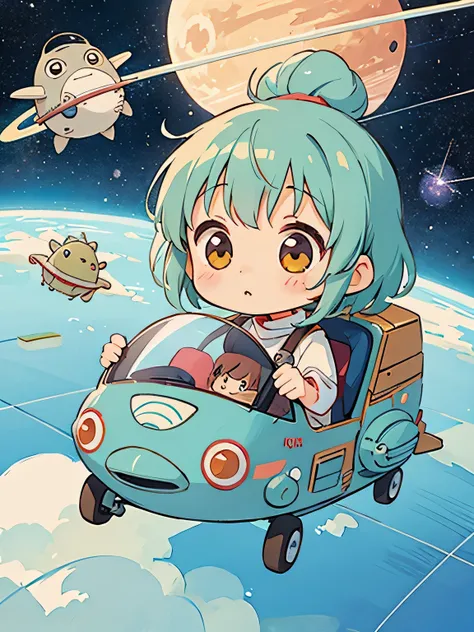 Hayao Mayazaki style, Kawaii Design, The most beautiful girl of all time、Chibi,  totoro, Space Travel, Spaceship