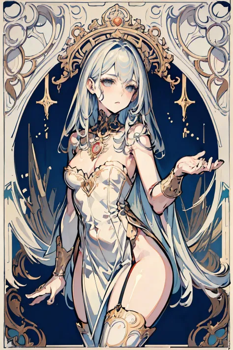  ((best quality)), ((masterpiece)), (detailed), 1girl, Character design, female, dynamic poses, long white grey hair, grey white eyes, very skinny, detailed, best quality, no accesoires around the neck, no shoes, prominent collarbones, skinny arms, flat st...