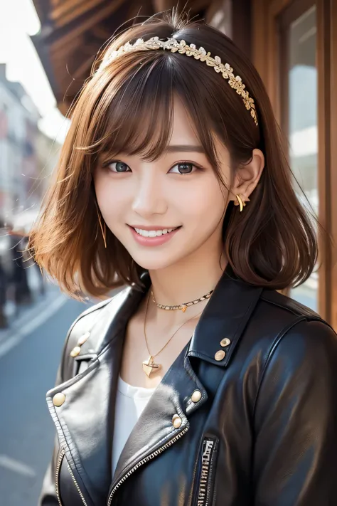 Beautiful young woman of the year、 Korean women、Light brown hair、Perm on hair、Necklace around the neck、leather jacket、shirt、smile, Beautiful teeth alignment、Intricate details, Very detailed:1.2), 、 Looking into the camera,The background is the town、Ear pie...