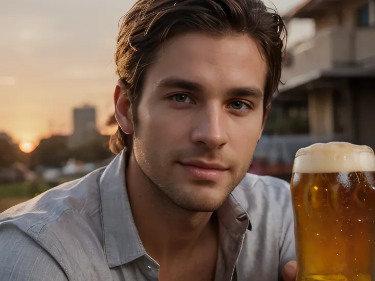 (((zoom out, handsome 35 year old desirable caucasian man with distinguished features, having a beer with friends at sunset))), (gray shirt, light brown medium length hair, cropped sides, clean shaved face, intriguing green eyes), athletic build, seductive...