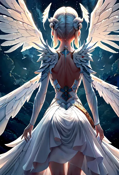 (a back view model shot taken from the rear: 1.5), female angel (Masterpiece, intense details: 1.3), paladin, holy warrior, short blond hair, determined face, full body, armed with sword, holy symbol, (wearing white armor: 1.3), (wings sprouting from the b...