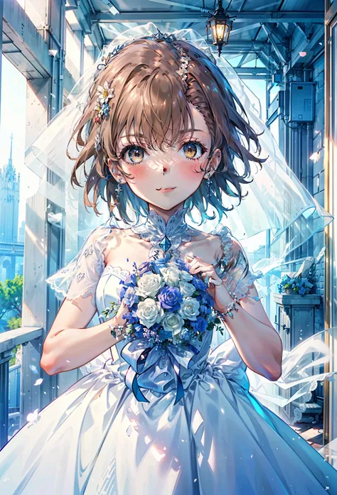 8k,highest quality,masterpiece,(((Pixel Perfect, Perfect in every detail))), alone, 1 girl, ,Mycotrose, Brown eyes,Brown Hair,short hair,Open your mouth,smile,blush,Flower Hair Ornaments,Veil,Wedding dress,Wedding Skirts,holding a bouquet with both hands,F...