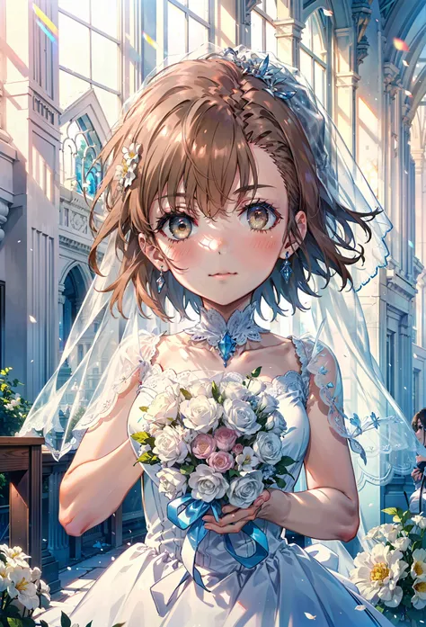 8k,highest quality,masterpiece,(((Pixel Perfect, Perfect in every detail))), alone, 1 girl, ,Mycotrose, Brown eyes,Brown Hair,short hair,Open your mouth,smile,blush,Flower Hair Ornaments,Veil,Wedding dress,Wedding Skirts,holding a bouquet with both hands,F...