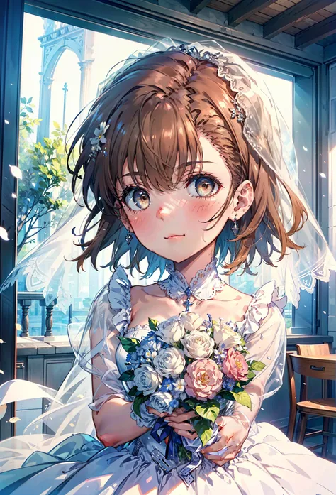 8k,highest quality,masterpiece,(((Pixel Perfect, Perfect in every detail))), alone, 1 girl, ,Mycotrose, Brown eyes,Brown Hair,short hair,Open your mouth,smile,blush,Flower Hair Ornaments,Veil,Wedding dress,Wedding Skirts,holding a bouquet with both hands,F...