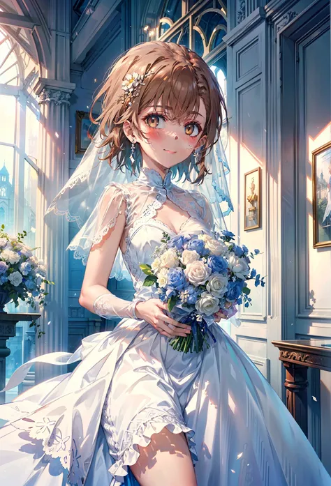 8k,highest quality,masterpiece,(((Pixel Perfect, Perfect in every detail))), alone, 1 girl, ,Mycotrose, Brown eyes,Brown Hair,short hair,Open your mouth,smile,blush,Flower Hair Ornaments,Veil,Wedding dress,Wedding Skirts,holding a bouquet with both hands,F...
