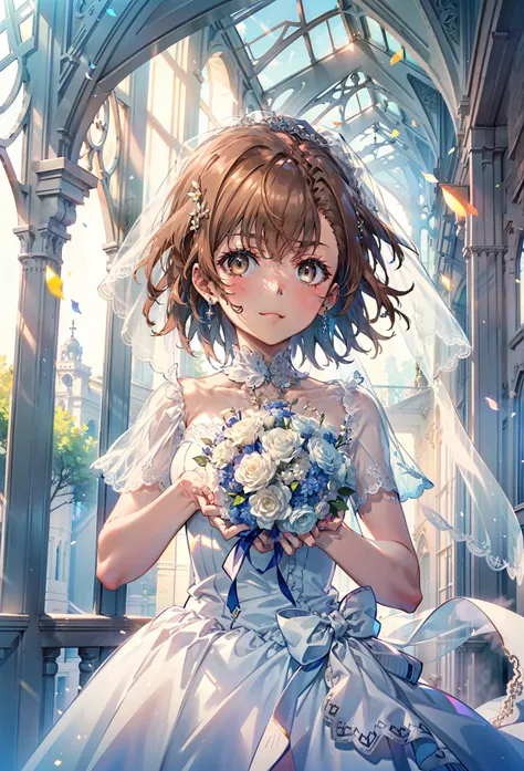 8k,highest quality,masterpiece,(((Pixel Perfect, Perfect in every detail))), alone, 1 girl, ,Mycotrose, Brown eyes,Brown Hair,short hair,Open your mouth,smile,blush,Flower Hair Ornaments,Veil,Wedding dress,Wedding Skirts,holding a bouquet with both hands,F...