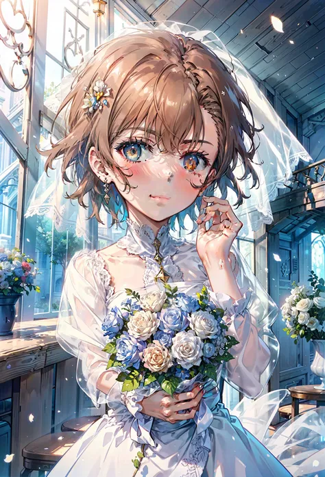 8k,highest quality,masterpiece,(((Pixel Perfect, Perfect in every detail))), alone, 1 girl, ,Mycotrose, Brown eyes,Brown Hair,short hair,Open your mouth,smile,blush,Flower Hair Ornaments,Veil,Wedding dress,Wedding Skirts,Holding a large bouquet in both han...
