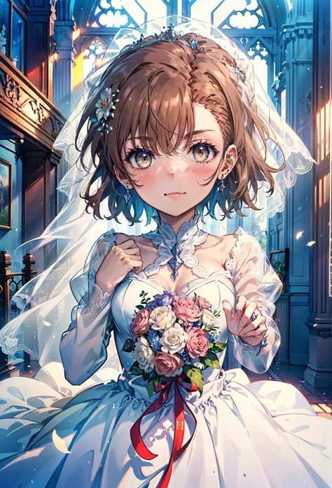 8k,highest quality,masterpiece,(((Pixel Perfect, Perfect in every detail))), alone, 1 girl, ,Mycotrose, Brown eyes,Brown Hair,short hair,Open your mouth,smile,blush,Flower Hair Ornaments,Veil,Wedding dress,Wedding Skirts,Holding a large bouquet in both han...