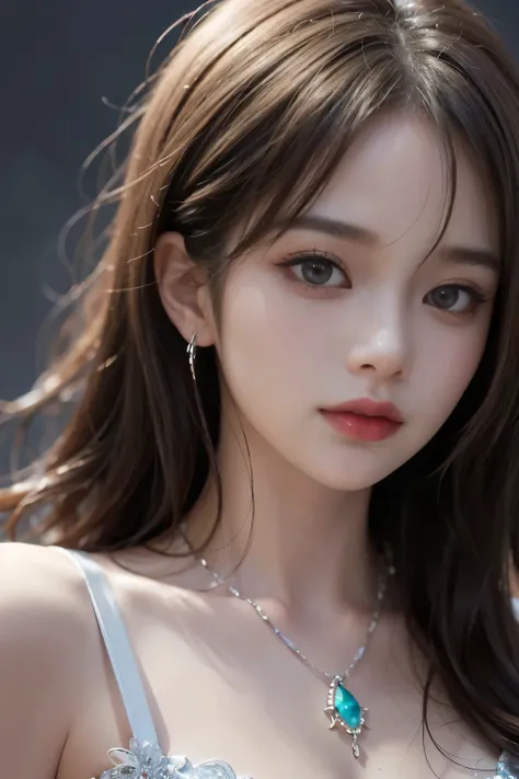 masterpiece、top quality、Portrait of a girl、headdress、necklace、like a jewel、beautiful face、After sex_body、Tindal Effect、realistic、dark studio、rim lights、Two-tone lighting、(high detailed skin:1.2)、8K, Ultra HD、digital SLR, soft lighting, high quality, volume...