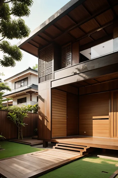 a house with a cool impression, a combination of Balinese and Japanese buildings, modern and minimalist, using wood and selected materials