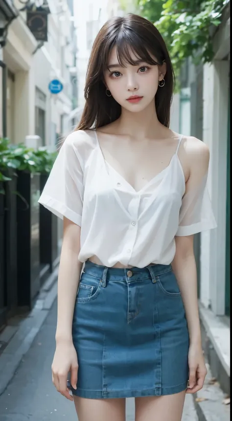 top quality,Very sharp resolution,clear eyes,an ordinary face,It's a perfect face,White skin,perfect breasts,with perfect legs,short black skirt,random environment