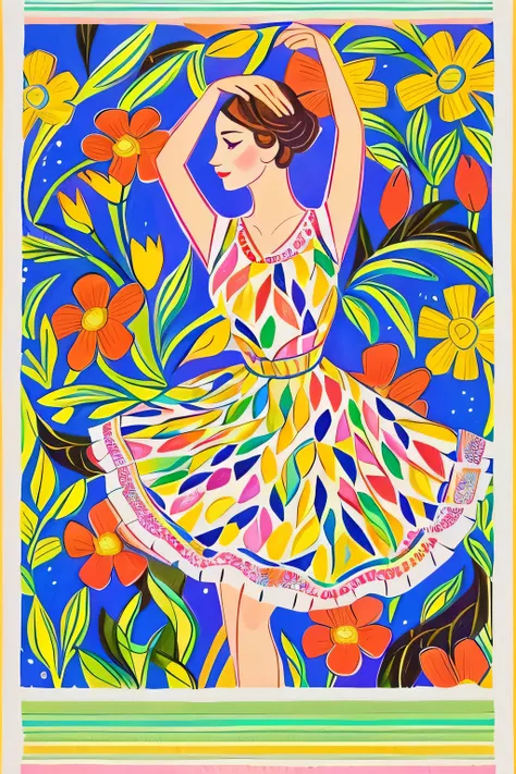 a woman in a colorful dress is standing in a field of flowers, inspired by Mary Blair, inspired by Eugène Grasset, done in the style of matisse, folkloric illustration, inspired by Henri Matisse, dressed in a flower dress, dancing gracefully, by Emily Murr...