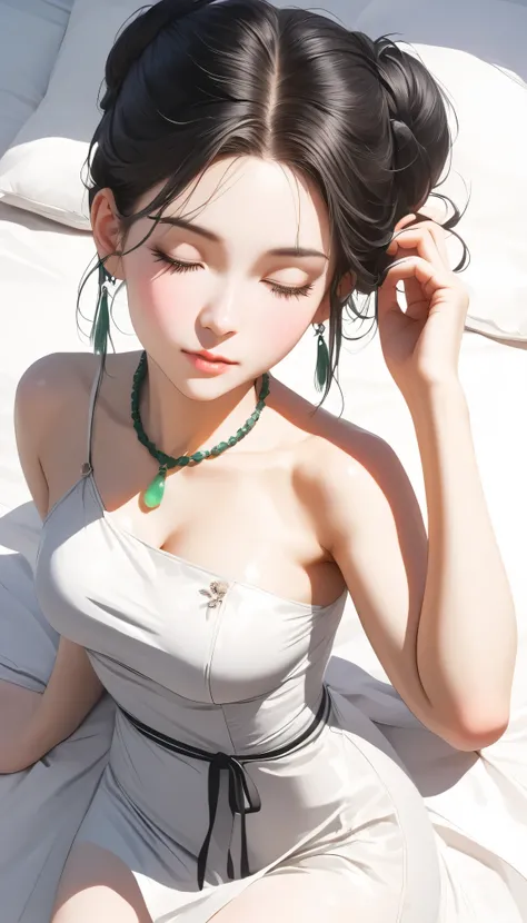 Beautiful Chinese woman, Wearing a white dress, Black hair，Tie your hair into a bun，With bangs，Wear a headband, Close your eyes and lie on the bed, top view, On white silk sheets, Wearing a jade necklace on the neck, Chest tattoo above the belt, Photo-real...