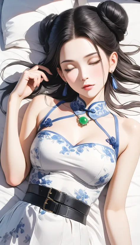 Beautiful Chinese woman, Wearing a white dress, Black hair，Tie your hair into a bun，With bangs，Wear a headband, Close your eyes and lie on the bed, top view, On white silk sheets, Wearing a jade necklace on the neck, Chest tattoo above the belt, Photo-real...