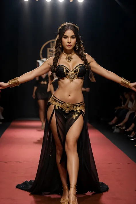 A young woman, like a runway model, wearing a traditional belly dance costume. She is adorned with many jewels, including a heavily embellished bra and a matching belt, both covered in intricate designs and sparkling gems. She has a large ruby set as a dia...