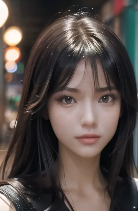 (((best quality))),1 female,slender face,Black Hair,Brown Eyes,medium hair,straight hair,looking at viewer,small breasts,25 years old,No pubic hair,Height: 165cm,full body,City of night,Night Dweller