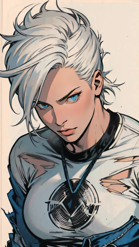 Flat colors,close-up, portrait, of a 25 year old female assassin, ([blue eyes]) spiky white hair hair, natural beaty, beautiful, white tee, torn jeans, masterpiece, (([apartment background]))