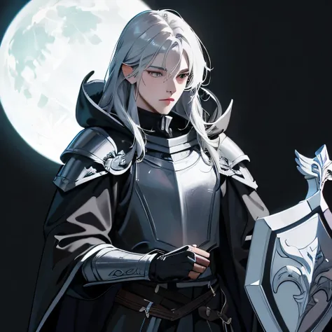 Young paladin in black armor,Silver Wolf Cloak,holding a long ax and shield,Black Mask