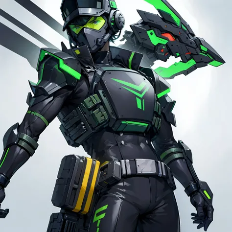 Futuristic Male soldier, futuristic mask, black baseball cap, green ski goggles, mechanical vulture in the back of body, futuristic wrist pistols, power armour (without helmet), asian face, surrounding magic