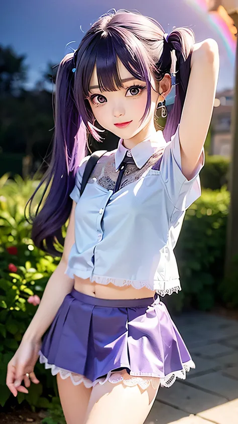 Small face、 (alone:1.5,)Very detailed,Bright colors, Very beautiful and detailed anime faces and eyes, Look straight,  Shiny_skin,girl, (((Rainbow Hair, Colorful Hair, Half blue、Half Purple Hair: 1.2))), 、Shiny hair, Delicate and beautiful face, blush、Glas...