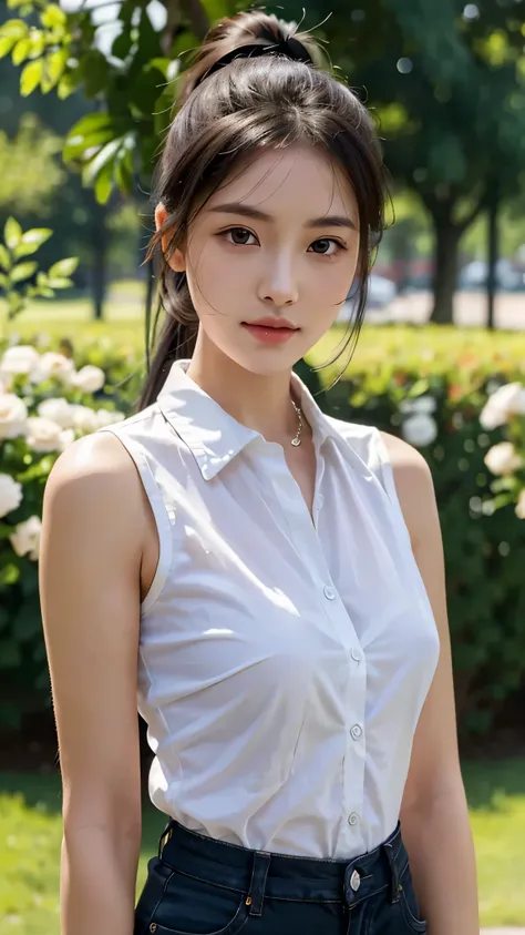 Black Bra、White collared shirt,jeans,outdoors,Urban Park,On the lawn,One woman,close up face,fully body photo,masutepiece, The highest image quality, High quality, the background is clear，Beautiful woman, Japanese, Detailed, Ultra-detailed, finely detail, ...