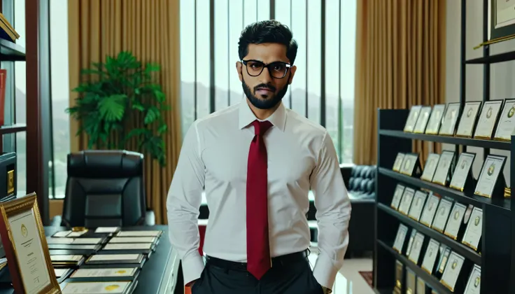 Illustrate Ramdan entering his luxurious office, surrounded by awards and business certificates. Ramdan is a 30 year old businessman, wearing a white shirt, red tie, clear glasses and black hair. (masterpiece), (reality), (4k), (detail), (cinematic).