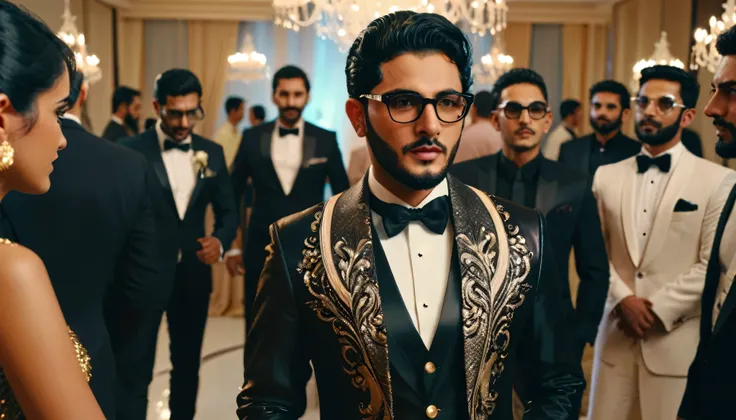 Show Ramdan in the middle of a luxurious party, he is surrounded by his friends, all wearing glamorous clothes. Ramdan is a 30-year-old businessman, wearing party clothes, clear glasses and black hair. (masterpiece), (reality), (4k), (detail), (cinematic).