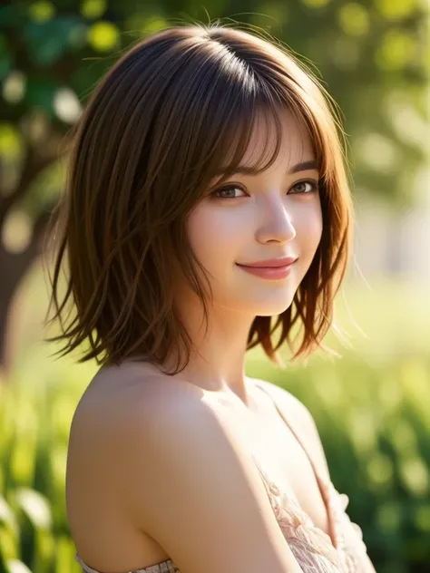 (looking away:1.4), (upper body shot:1.2), Realistic digital painting of a woman portrait, Shy,  Cute, happy smile, brown eyes,  (short Hair:1.1), (light brown brunette hair:1.3), (Highly detailed skin:1.2), Mystical style, Global Illumination,