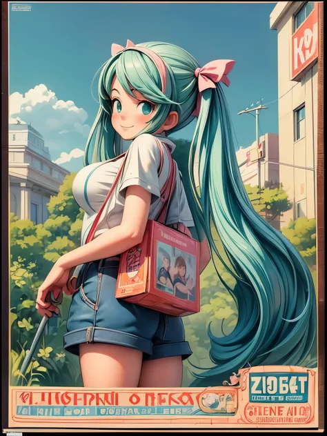 (masterpiece、highest quality、highest quality、Official Art、Beautiful and beautiful:1.2)、(One Girl:1.3)Hatsune Miku、Twin tails,Big Breasts,Poster of the girl who lost her smile, Glossy old advertising poster, Vintage Posters, Poster Vintage, Retro Posters, e...